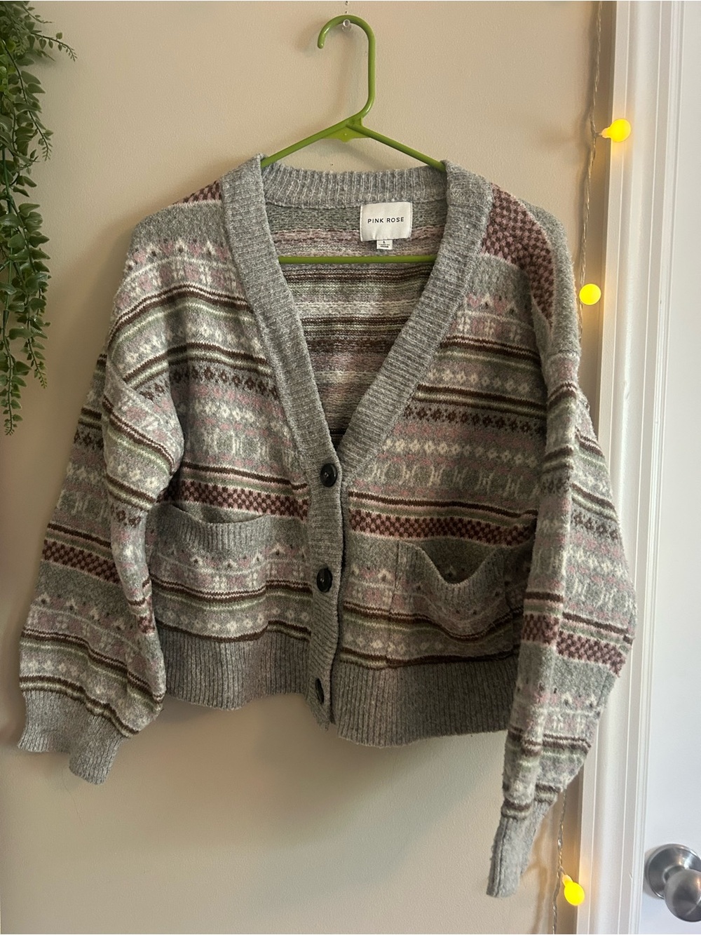 Pink Rose Gray & Pink Patterned V-Neck Cardigan Sweater